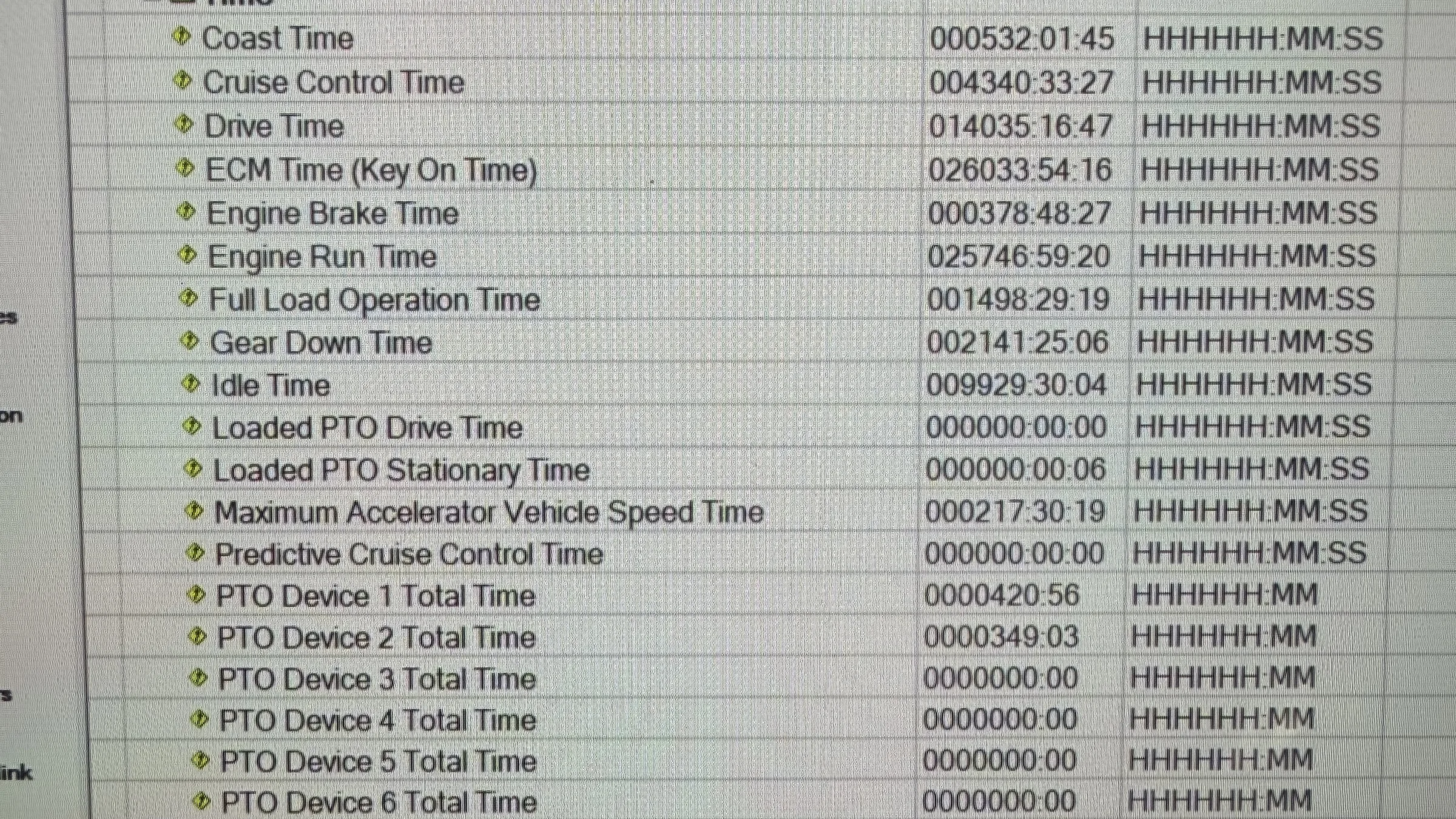 Panasonic Toughbook showing engine and PTO diagnostic data