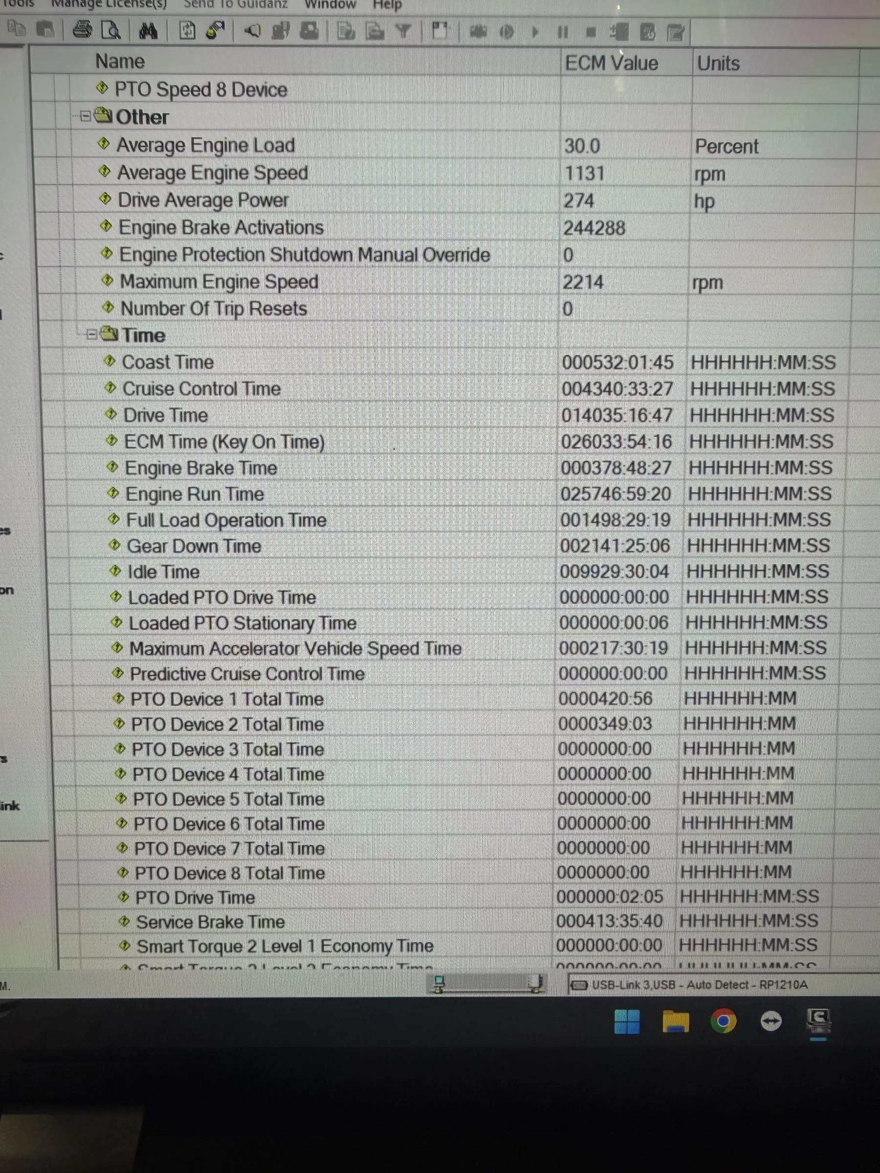 Panasonic Toughbook showing engine and PTO diagnostic data