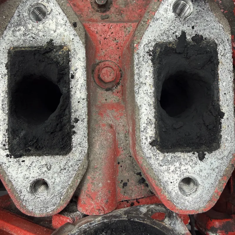 Cylinder-head exhaust ports caked with carbon buildup