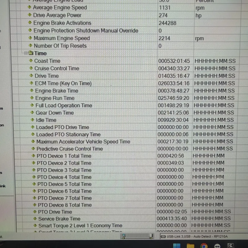 Panasonic Toughbook showing engine and PTO diagnostic data